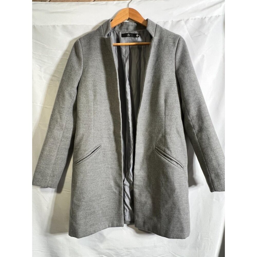 Missguided Gray Open Front Pocket Flannel Coat Preppy Zip Sleeves Size 4